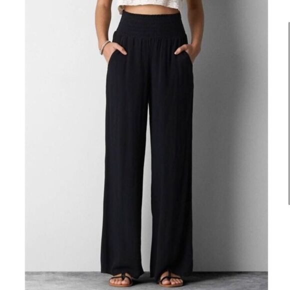 American Eagle High Waisted Crinkle Gauze Wide Leg Pant Black - Picture 1 of 8